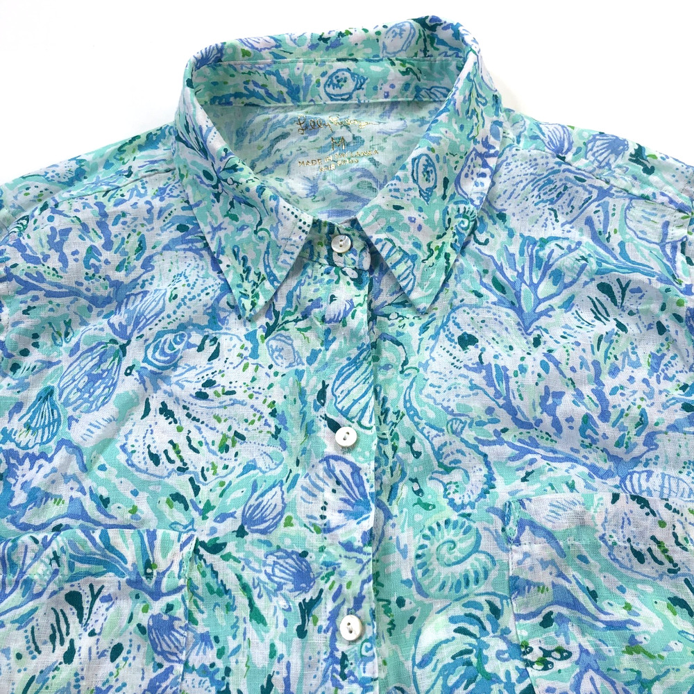 Lily Pulitzer MED 100% Linen Button Long Sleeve All Over Print Shirt Blue Green